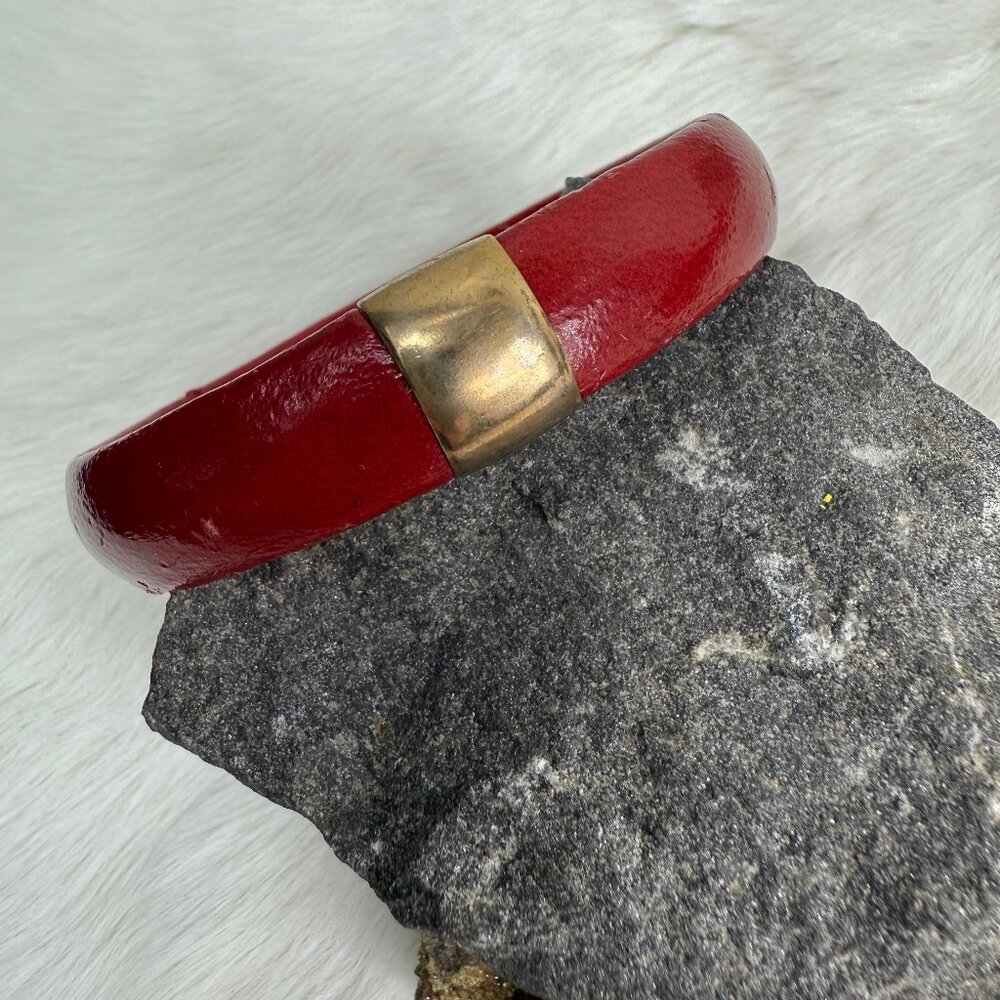 Red Leather & Brass Bangle Bracelet